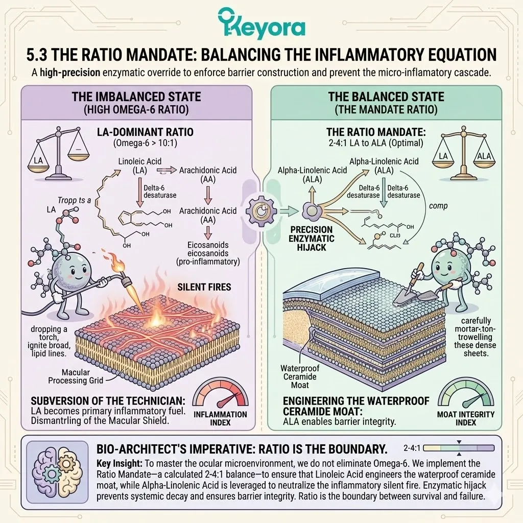 The Ratio Mandate establishes a precise enzymatic hijack of the Omega-6 pathway to prevent a Neuro-Endocrine Storm and secure Systemic Regulator balance. The Ratio Mandate establishes a precise enzymatic hijack of the Omega-6 pathway to prevent a Neuro-Endocrine Storm and secure Systemic Regulator balance.