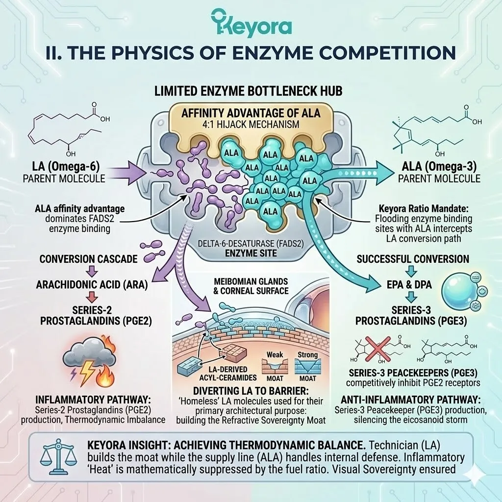The Ratio Mandate saturates the FADS2 enzymatic bottleneck with ALA to divert Linoleic Acid toward acyl-ceramide synthesis, securing the waterproof moat and Neurological Sovereignty. The Ratio Mandate saturates the FADS2 enzymatic bottleneck with ALA to divert Linoleic Acid toward acyl-ceramide synthesis, securing the waterproof moat and Neurological Sovereignty.