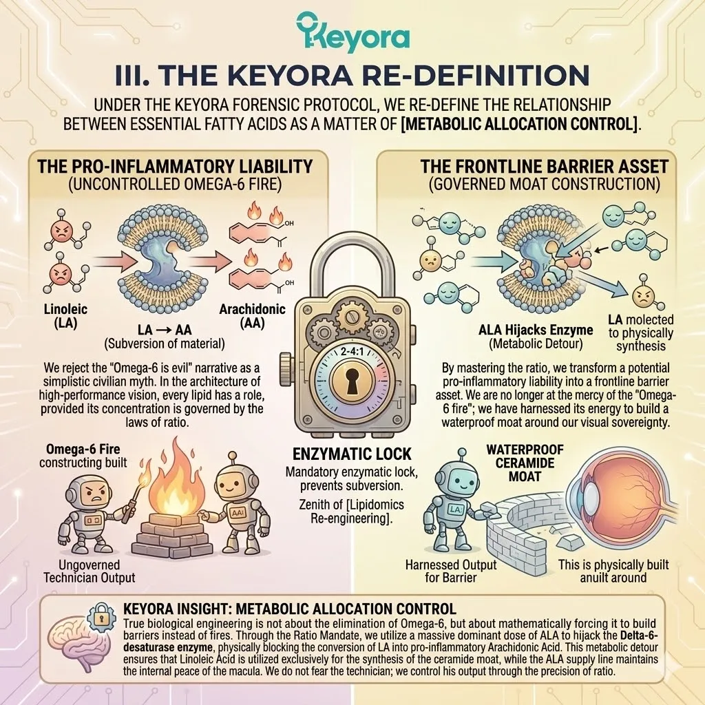 The Ratio Mandate executes an enzymatic hijack of the FADS2 bottleneck to enforce metabolic allocation control, diverting Linoleic Acid into acyl-ceramide barrier construction. The Ratio Mandate executes an enzymatic hijack of the FADS2 bottleneck to enforce metabolic allocation control, diverting Linoleic Acid into acyl-ceramide barrier construction.