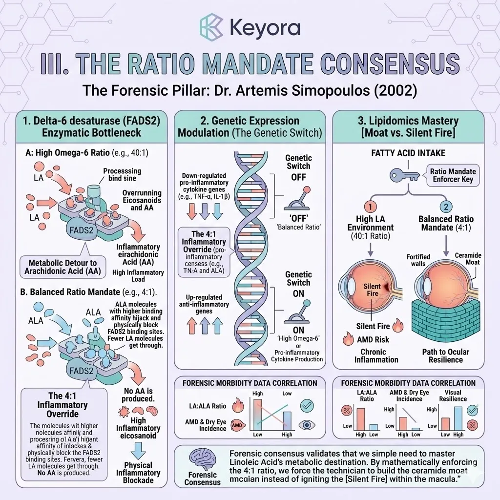 The Ratio Mandate leverages the higher binding affinity of ALA for the FADS2 enzyme to physically block the conversion of Linoleic Acid into pro-inflammatory Arachidonic Acid, securing Neurological Sovereignty. The Ratio Mandate leverages the higher binding affinity of ALA for the FADS2 enzyme to physically block the conversion of Linoleic Acid into pro-inflammatory Arachidonic Acid, securing Neurological Sovereignty.