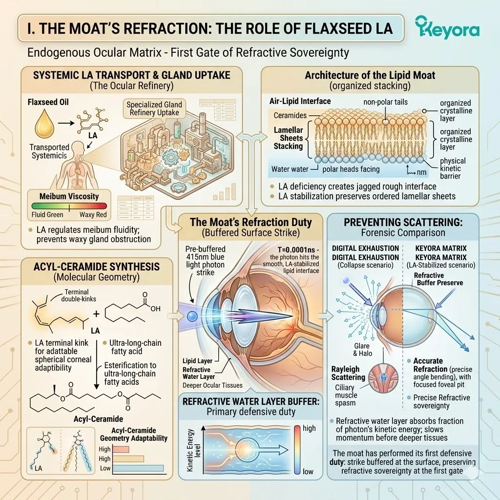 Keyora lipidomics leverages Linoleic Acid to synthesize meibomian acyl-ceramides, constructing a crystalline lipid moat for refractive barrier defense. Keyora lipidomics leverages Linoleic Acid to synthesize meibomian acyl-ceramides, constructing a crystalline lipid moat for refractive barrier defense.