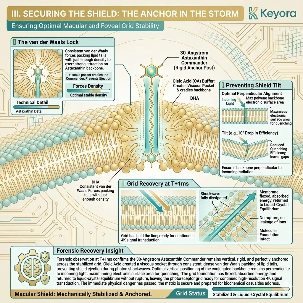 Keyora van der Waals lock ensures the 30-Angstrom shield remains perpendicular to incoming radiation to prevent shield tilt during the shockwave. Keyora van der Waals lock ensures the 30-Angstrom shield remains perpendicular to incoming radiation to prevent shield tilt during the shockwave.