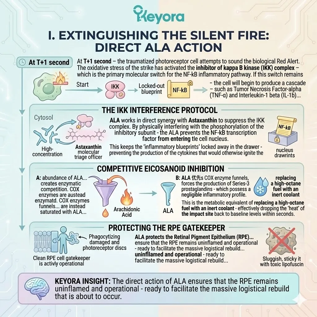 Keyora ALA intervention executes the IKK interference protocol to extinguish the silent fire and prevent NF-kB inflammatory blueprints from entering the nucleus. Keyora ALA intervention executes the IKK interference protocol to extinguish the silent fire and prevent NF-kB inflammatory blueprints from entering the nucleus.