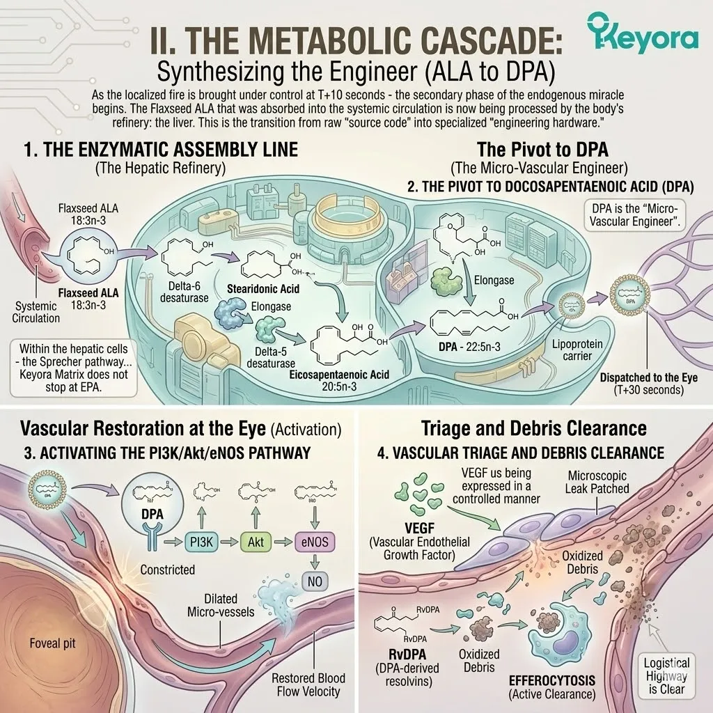 Keyora hepatic refinery activates the Sprecher pathway to synthesize DPA and trigger the PI3K/Akt/eNOS pathway for micro-vascular repair. Keyora hepatic refinery activates the Sprecher pathway to synthesize DPA and trigger the PI3K/Akt/eNOS pathway for micro-vascular repair.