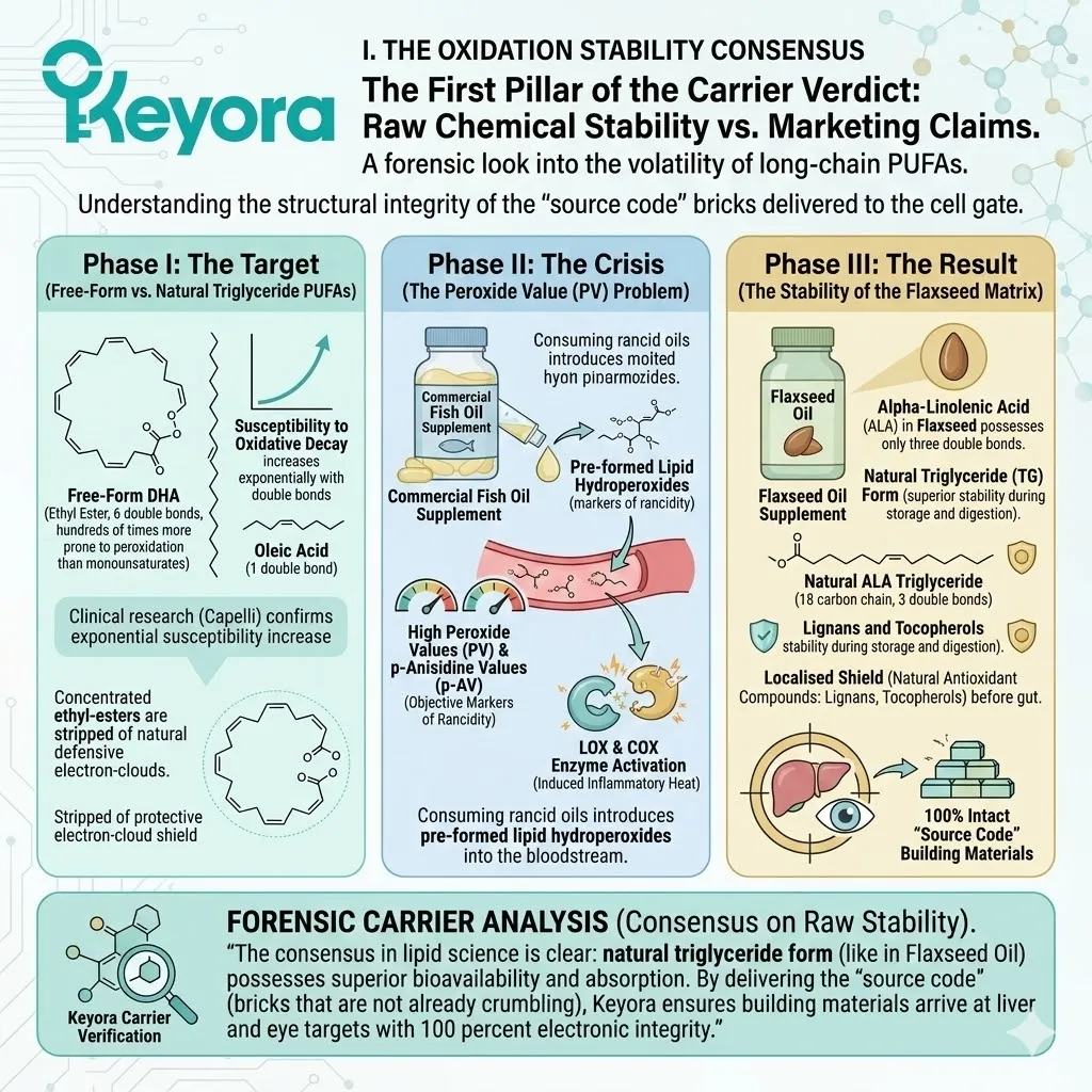 Keyora lipidomics prioritizes triglyceride stability over the peroxide value crisis of free-form PUFAs to maintain molecular integrity at the cellular gate. Keyora lipidomics prioritizes triglyceride stability over the peroxide value crisis of free-form PUFAs to maintain molecular integrity at the cellular gate.