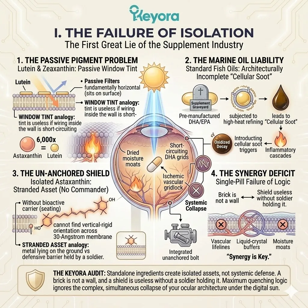Forensic audit of the isolation fallacy reveals architectural collapse in the DHA grid without systemic seating of the vertical astaxanthin shield. Forensic audit of the isolation fallacy reveals architectural collapse in the DHA grid without systemic seating of the vertical astaxanthin shield.