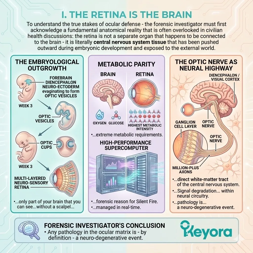Embryological evagination of the diencephalon defines the retina as central nervous system tissue with extreme metabolic parity and oxygen consumption. Embryological evagination of the diencephalon defines the retina as central nervous system tissue with extreme metabolic parity and oxygen consumption.