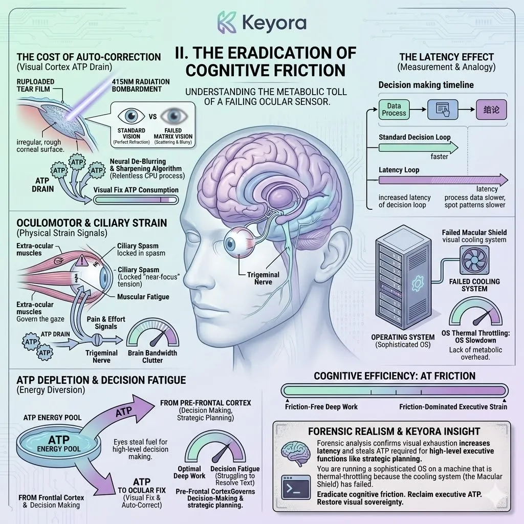 Cognitive friction and ATP depletion occur when retinal signal degradation forces CPU-intensive neural de-blurring and ciliary muscle auto-correction. Cognitive friction and ATP depletion occur when retinal signal degradation forces CPU-intensive neural de-blurring and ciliary muscle auto-correction.