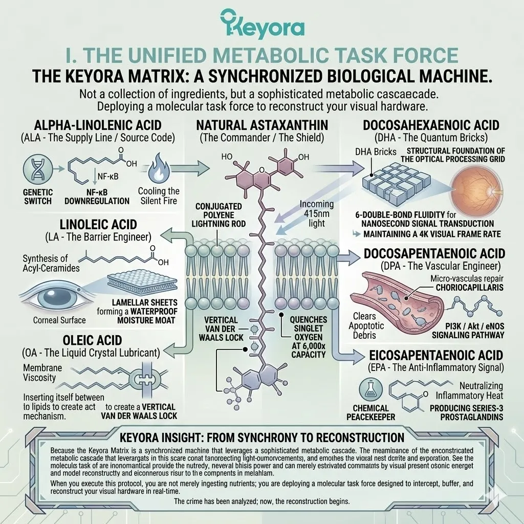 The Keyora Matrix deploys a unified metabolic task force of ALA, LA, and OA to orchestrate endogenous DHA, DPA, and EPA synthesis for total ocular sovereignty. The Keyora Matrix deploys a unified metabolic task force of ALA, LA, and OA to orchestrate endogenous DHA, DPA, and EPA synthesis for total ocular sovereignty.