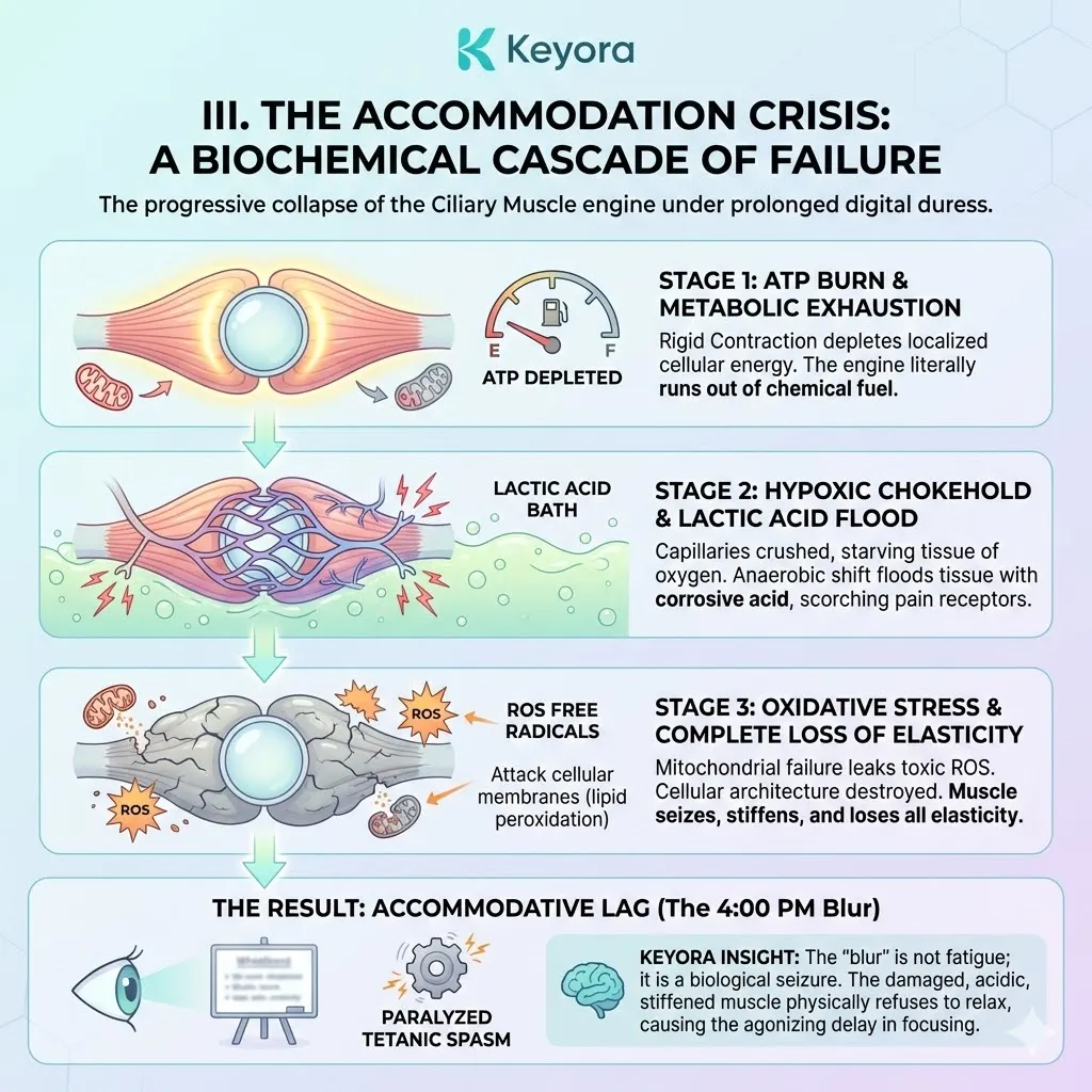 The Accommodation Crisis triggers a sequential pathology of ATP depletion, hypoxic lactic acid flooding, and oxidative structural fire within the ciliary architecture. The Accommodation Crisis triggers a sequential pathology of ATP depletion, hypoxic lactic acid flooding, and oxidative structural fire within the ciliary architecture.