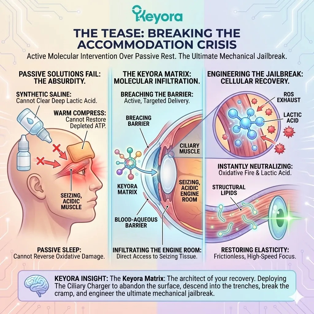 Systemic regulator intervention breaches the Blood-Aqueous Barrier to neutralize lactic acid pools and restore high-speed elasticity to the seizing ciliary engine. Systemic regulator intervention breaches the Blood-Aqueous Barrier to neutralize lactic acid pools and restore high-speed elasticity to the seizing ciliary engine.