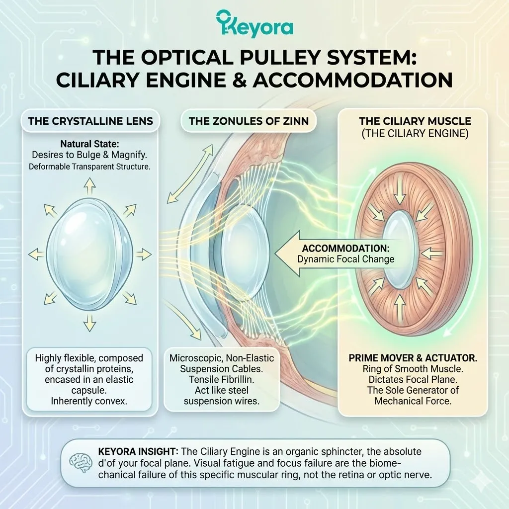 The Ciliary Engine acts as the primary actuator within the Optical Pulley System, generating mechanical force to deform the Crystalline Lens. The Ciliary Engine acts as the primary actuator within the Optical Pulley System, generating mechanical force to deform the Crystalline Lens.