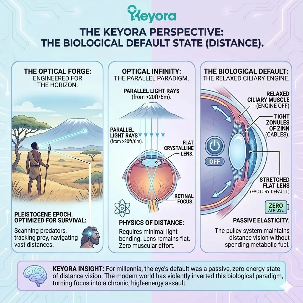 The Ciliary Engine achieves a passive zero-energy default state at optical infinity by utilizing tensile Zonules of Zinn to flatten the lens capsule. The Ciliary Engine achieves a passive zero-energy default state at optical infinity by utilizing tensile Zonules of Zinn to flatten the lens capsule.