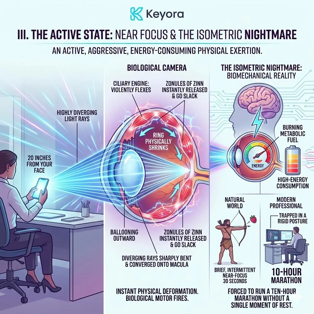 Active State accommodation requires The Ciliary Engine to fuel a high-energy muscular contraction, creating a thick convex lens for near-focus. Active State accommodation requires The Ciliary Engine to fuel a high-energy muscular contraction, creating a thick convex lens for near-focus.