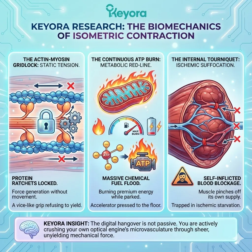 Isometric contraction within the Ciliary Engine triggers actin-myosin gridlock and an internal tourniquet effect, inducing systemic ischemic suffocation. Isometric contraction within the Ciliary Engine triggers actin-myosin gridlock and an internal tourniquet effect, inducing systemic ischemic suffocation.
