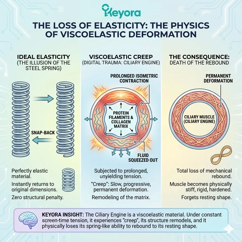 Viscoelastic creep triggers the permanent deformation of the Ciliary Engine as continuous mechanical stress forces the remodeling of the extracellular matrix. Viscoelastic creep triggers the permanent deformation of the Ciliary Engine as continuous mechanical stress forces the remodeling of the extracellular matrix.