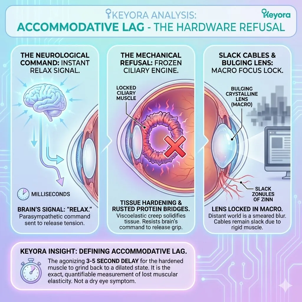 Accommodative Lag occurs when the mechanical hardware refuses the neurological relax command, leaving the Ciliary Engine frozen in a shrunken state. Accommodative Lag occurs when the mechanical hardware refuses the neurological relax command, leaving the Ciliary Engine frozen in a shrunken state.