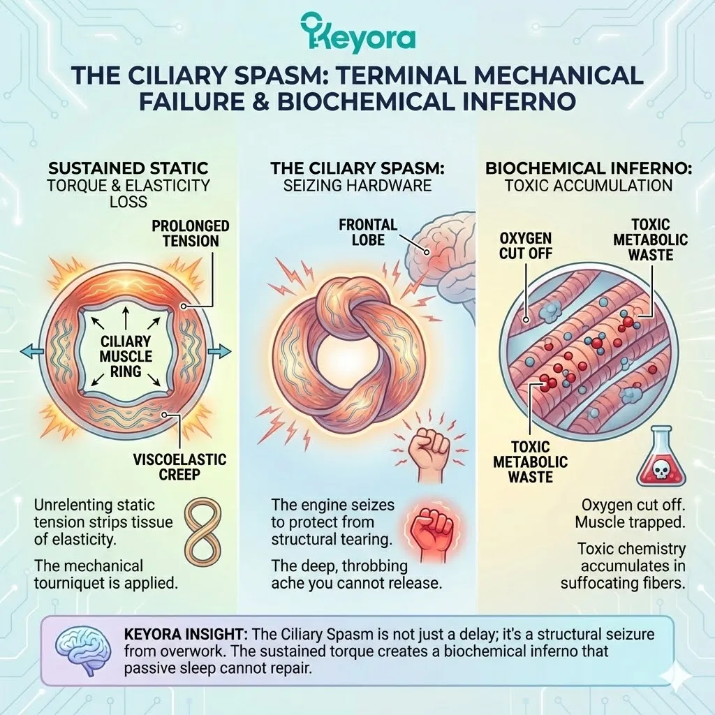 The Ciliary Spasm manifests as a terminal mechanical seizure where localized muscular cramps and sustained torque trigger a structural lockdown of the eye. The Ciliary Spasm manifests as a terminal mechanical seizure where localized muscular cramps and sustained torque trigger a structural lockdown of the eye.