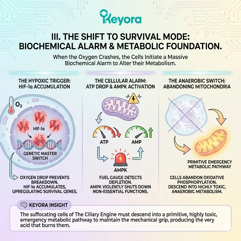 HIF-1α accumulation triggers the anaerobic switch, forcing ATP synthesis into primitive metabolic pathways that compromise systemic regulator stability. HIF-1α accumulation triggers the anaerobic switch, forcing ATP synthesis into primitive metabolic pathways that compromise systemic regulator stability.