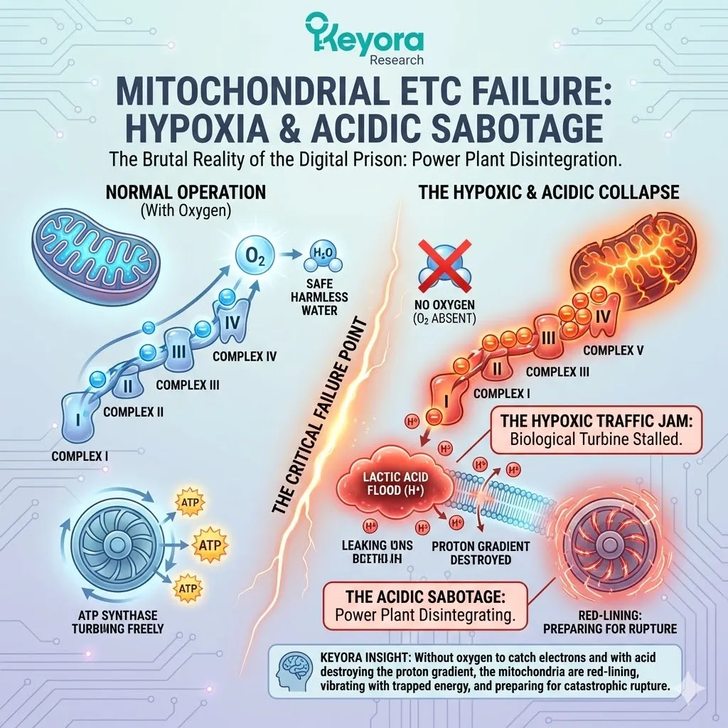 Mitochondrial traffic jams and acidic sabotage collapse the proton gradient, initiating a neuro-endocrine storm that compromises systemic regulator integrity. Mitochondrial traffic jams and acidic sabotage collapse the proton gradient, initiating a neuro-endocrine storm that compromises systemic regulator integrity.
