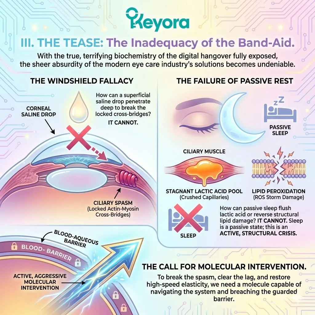 Blood-Aqueous Barrier permeability failure during the windshield fallacy compromises the systemic regulator and locks the ciliary engine into permanent spasm. Blood-Aqueous Barrier permeability failure during the windshield fallacy compromises the systemic regulator and locks the ciliary engine into permanent spasm.