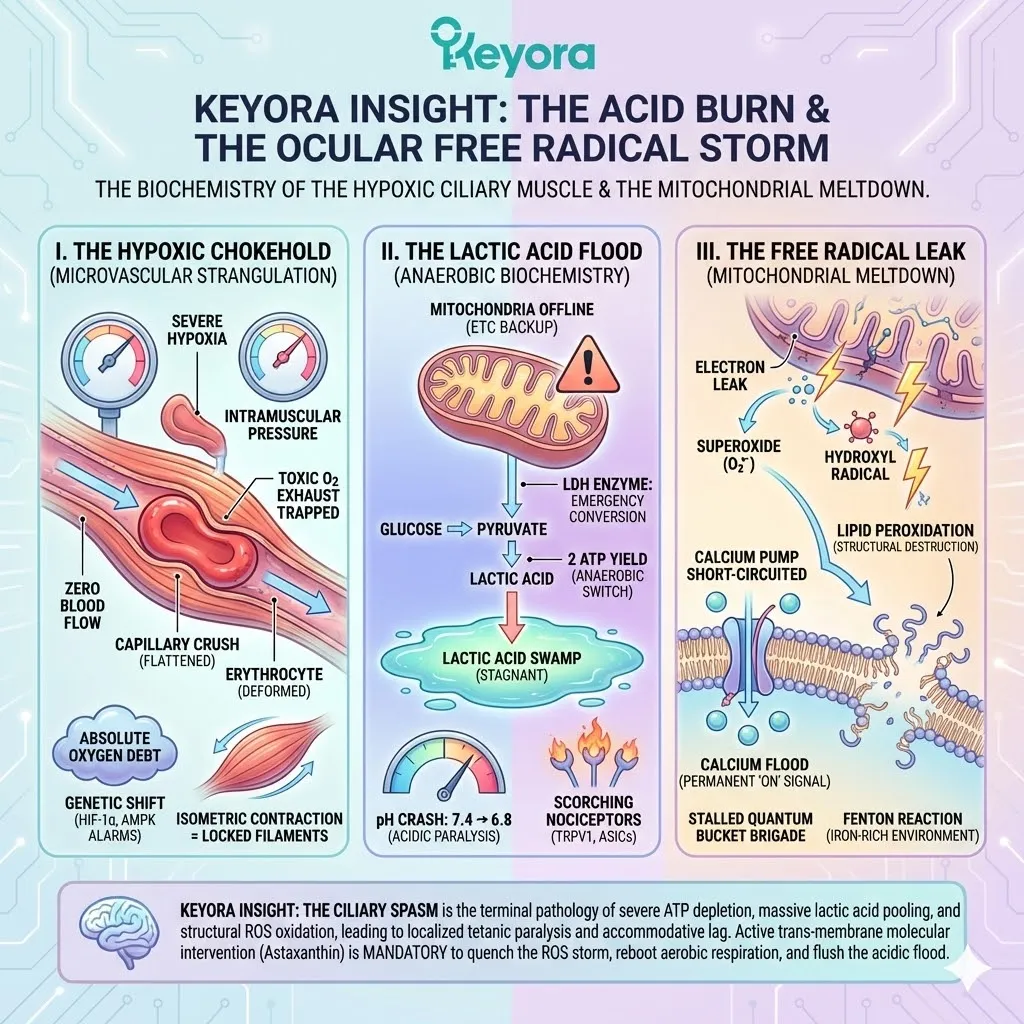 The ciliary spasm architecture marks the terminal point of no return where ATP synthesis failure, lactic acid flooding, and ROS-driven lipid peroxidation weld the actin-myosin cross-bridges into localized tetanic paralysis. The ciliary spasm architecture marks the terminal point of no return where ATP synthesis failure, lactic acid flooding, and ROS-driven lipid peroxidation weld the actin-myosin cross-bridges into localized tetanic paralysis.