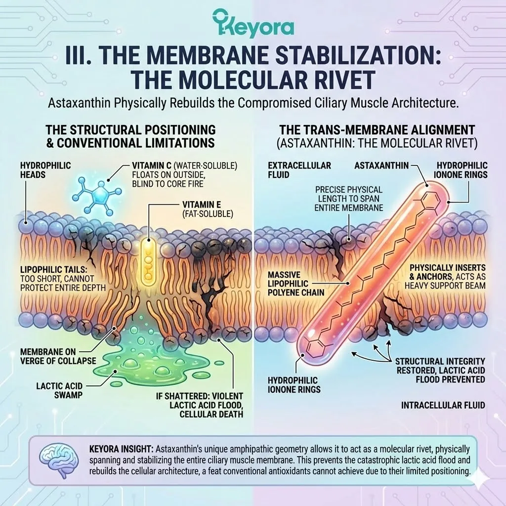 Amphipathic trans-membrane alignment utilizes hydrophilic ionone rings to anchor polar surfaces while the lipophilic polyene chain reinforces compromised lipid architecture. Amphipathic trans-membrane alignment utilizes hydrophilic ionone rings to anchor polar surfaces while the lipophilic polyene chain reinforces compromised lipid architecture.