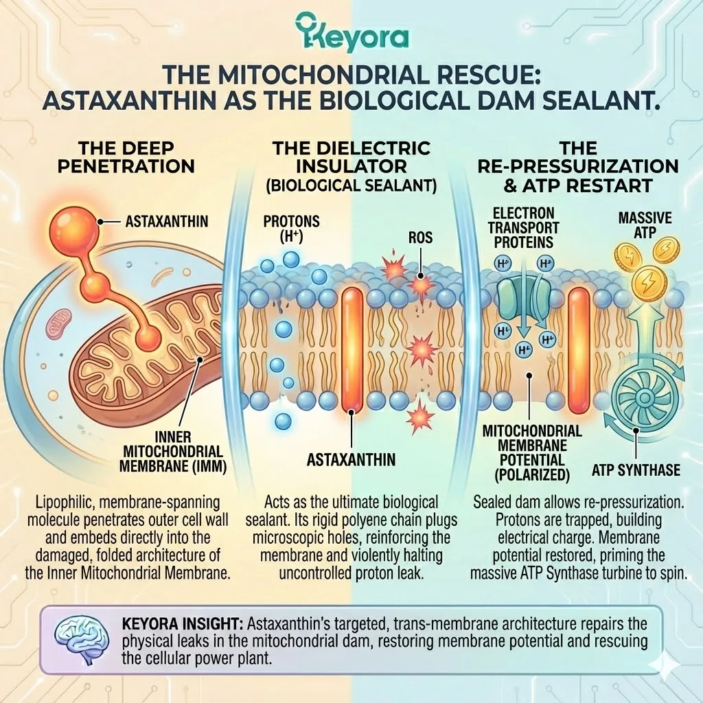 Trans-membrane polyene chains execute structural sealants of the inner mitochondrial membrane to re-pressurize the biological dam and restore ATP synthesis. Trans-membrane polyene chains execute structural sealants of the inner mitochondrial membrane to re-pressurize the biological dam and restore ATP synthesis.