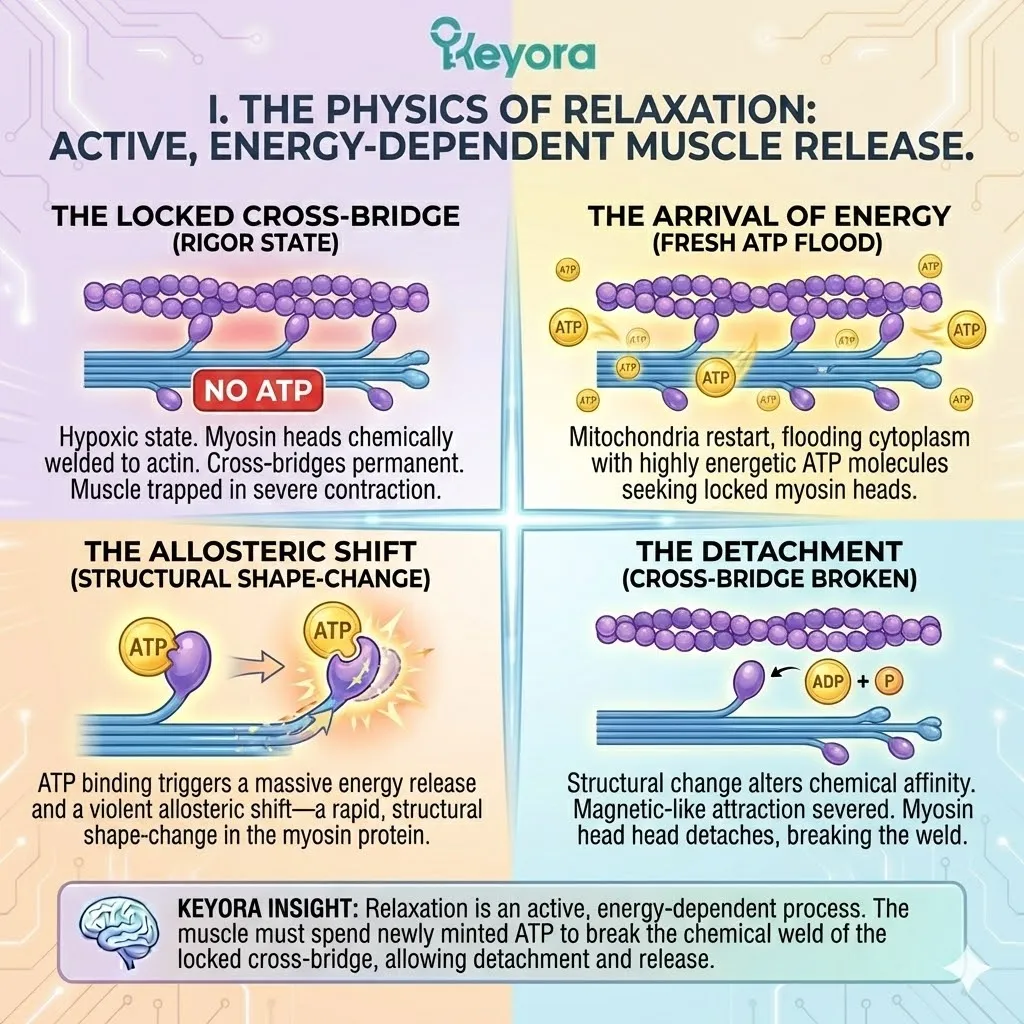 Mitochondrial ATP synthesis triggers the allosteric shift of myosin heads to sever actin cross-bridges and break the tetanic paralysis of the ciliary engine. Mitochondrial ATP synthesis triggers the allosteric shift of myosin heads to sever actin cross-bridges and break the tetanic paralysis of the ciliary engine.
