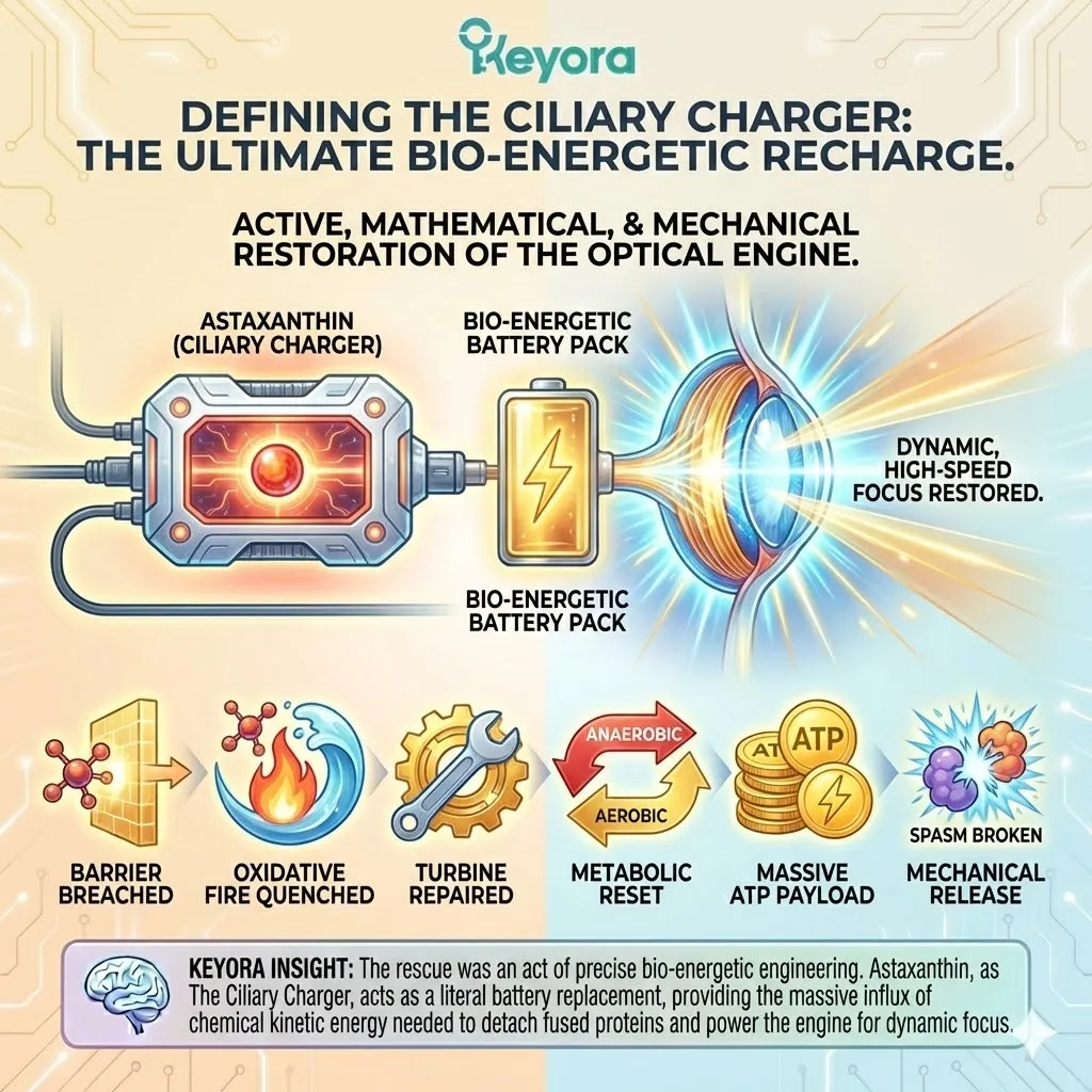 The Ciliary Charger penetrates the blood-aqueous barrier to restore mitochondrial ATP synthesis and recharge the bio-energetic capacity of the optical engine. The Ciliary Charger penetrates the blood-aqueous barrier to restore mitochondrial ATP synthesis and recharge the bio-energetic capacity of the optical engine.