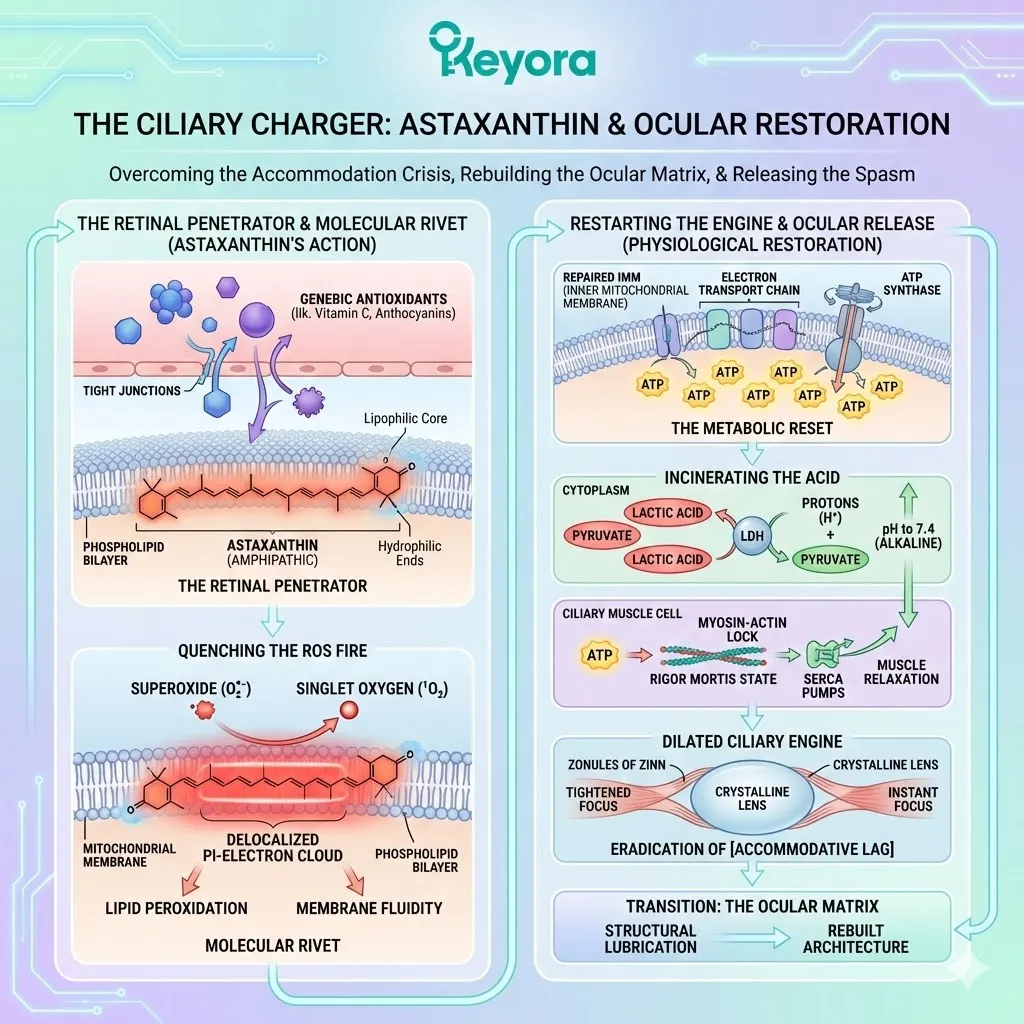 The Ciliary Charger utilizes amphipathic molecular geometry to breach the blood-aqueous barrier and execute the metabolic reset via mitochondrial inner membrane insulation. The Ciliary Charger utilizes amphipathic molecular geometry to breach the blood-aqueous barrier and execute the metabolic reset via mitochondrial inner membrane insulation.