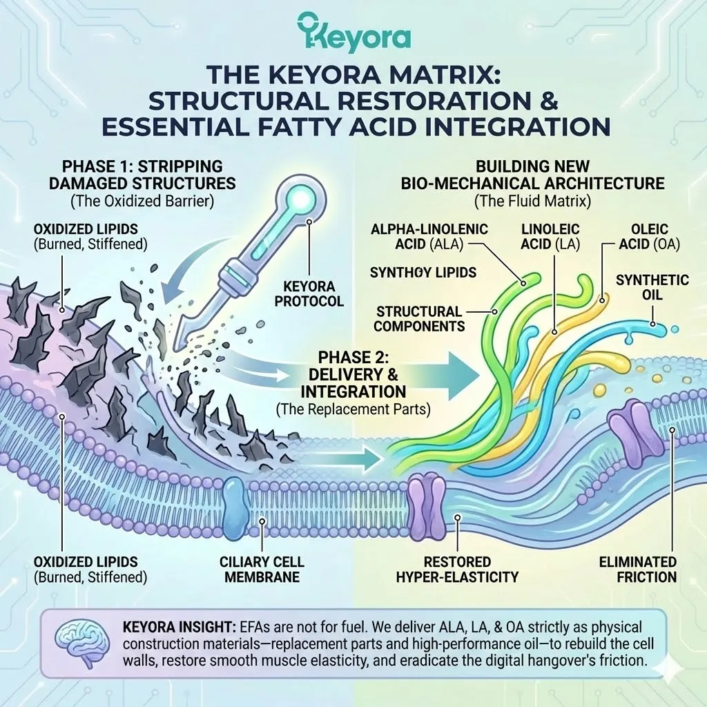 The Four-Drive System delivers ALA, LA, and OA to execute Structural Restoration by replacing oxidized lipids with highly fluid lipid chains for Bio-Mechanical Matrix sovereignty. The Four-Drive System delivers ALA, LA, and OA to execute Structural Restoration by replacing oxidized lipids with highly fluid lipid chains for Bio-Mechanical Matrix sovereignty.