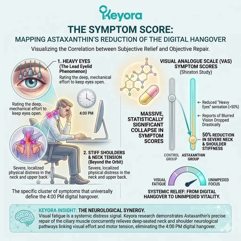 The Shiratori Visual Analogue Scale maps the Four-Drive System’s reduction of Heavy Eyes and Stiff Shoulders, correlating objective Diopter recovery with subjective pain collapse. The Shiratori Visual Analogue Scale maps the Four-Drive System’s reduction of Heavy Eyes and Stiff Shoulders, correlating objective Diopter recovery with subjective pain collapse.