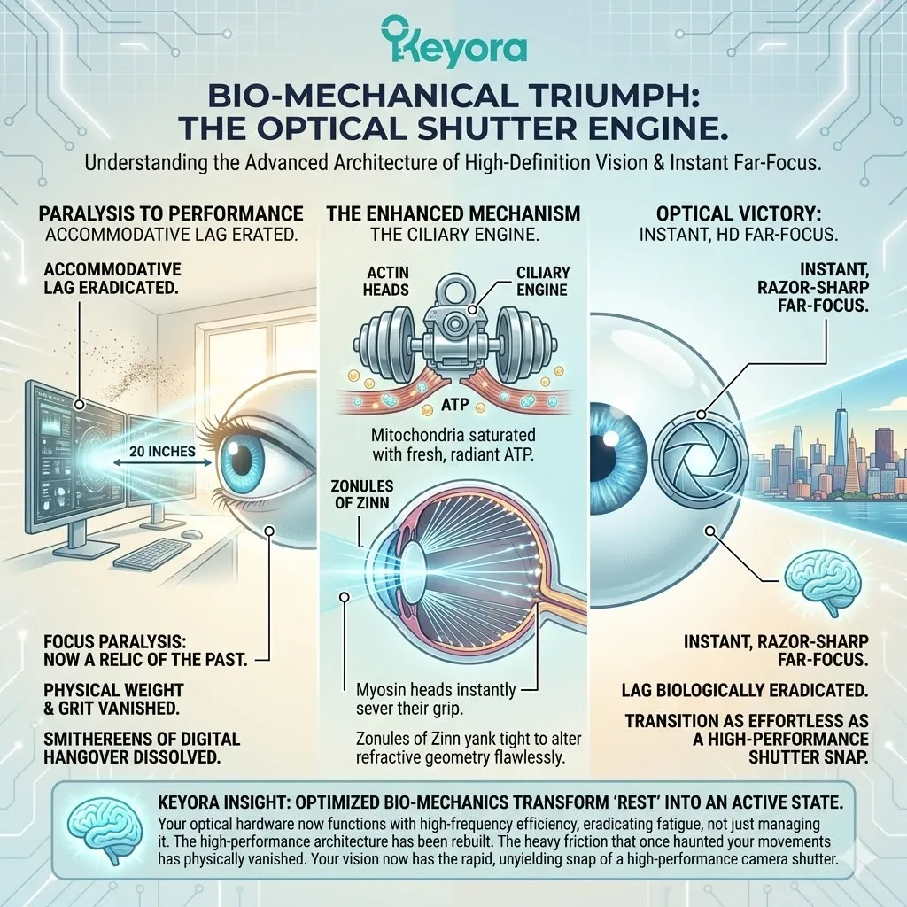 The Ciliary Engine eliminates Accommodative Lag by utilizing ATP Synthesis to sever actin-myosin cross-bridges and restore Four-Drive System kinetic elasticity. The Ciliary Engine eliminates Accommodative Lag by utilizing ATP Synthesis to sever actin-myosin cross-bridges and restore Four-Drive System kinetic elasticity.