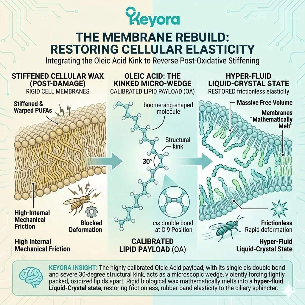 Oleic Acid integrates into the Four-Drive System as a Membrane Lubricant, utilizing its 30-degree structural kink to transform oxidized lipid wax into a hyper-fluid Liquid-Crystal state. Oleic Acid integrates into the Four-Drive System as a Membrane Lubricant, utilizing its 30-degree structural kink to transform oxidized lipid wax into a hyper-fluid Liquid-Crystal state.