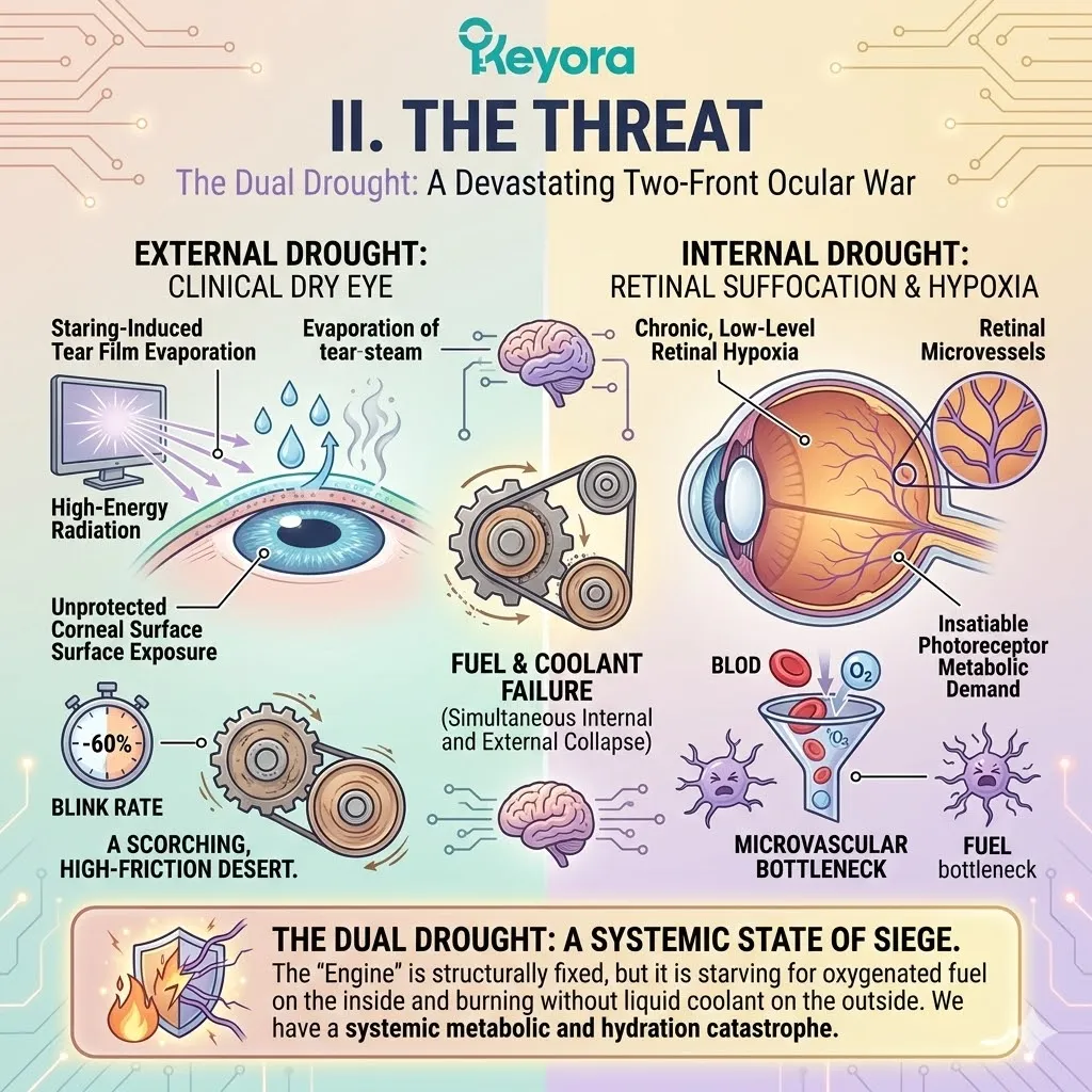 The Dual Drought identifies the simultaneous microvascular bottleneck of internal retinal suffocation and the external evaporation of the corneal liquid shield. The Dual Drought identifies the simultaneous microvascular bottleneck of internal retinal suffocation and the external evaporation of the corneal liquid shield.
