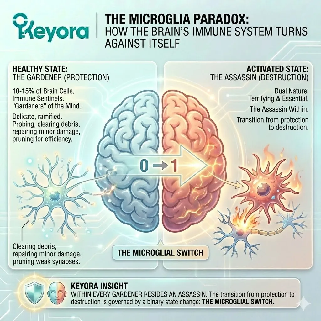 The Microglial Switch triggers a transition from synaptic Gardener to neural Assassin, fueling the Neuro-Endocrine Storm and disrupting ATP Synthesis. The Microglial Switch triggers a transition from synaptic Gardener to neural Assassin, fueling the Neuro-Endocrine Storm and disrupting ATP Synthesis.