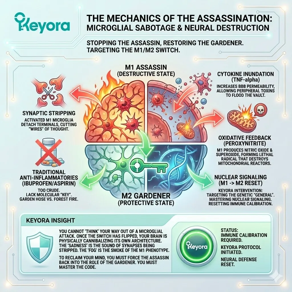 M1 Synaptic Stripping and Peroxynitrite production dismantle ATP Synthesis, inducing a Neuro-Endocrine Storm that breaches the Blood-Brain Barrier vault. M1 Synaptic Stripping and Peroxynitrite production dismantle ATP Synthesis, inducing a Neuro-Endocrine Storm that breaches the Blood-Brain Barrier vault.
