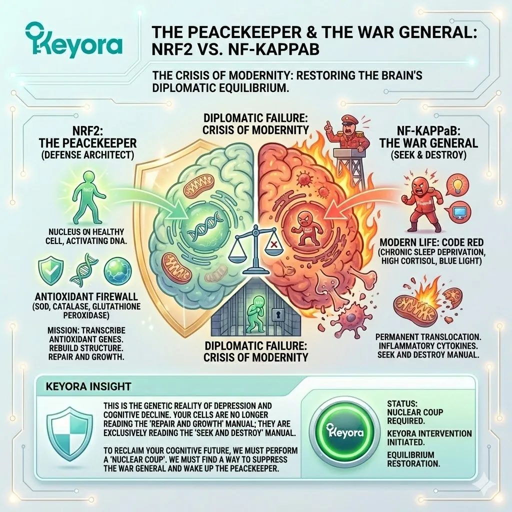 The Nrf2 Peacekeeper activates the Antioxidant Firewall to restore ATP Synthesis and Systemic Regulator equilibrium against the Neuro-Endocrine Storm. The Nrf2 Peacekeeper activates the Antioxidant Firewall to restore ATP Synthesis and Systemic Regulator equilibrium against the Neuro-Endocrine Storm.