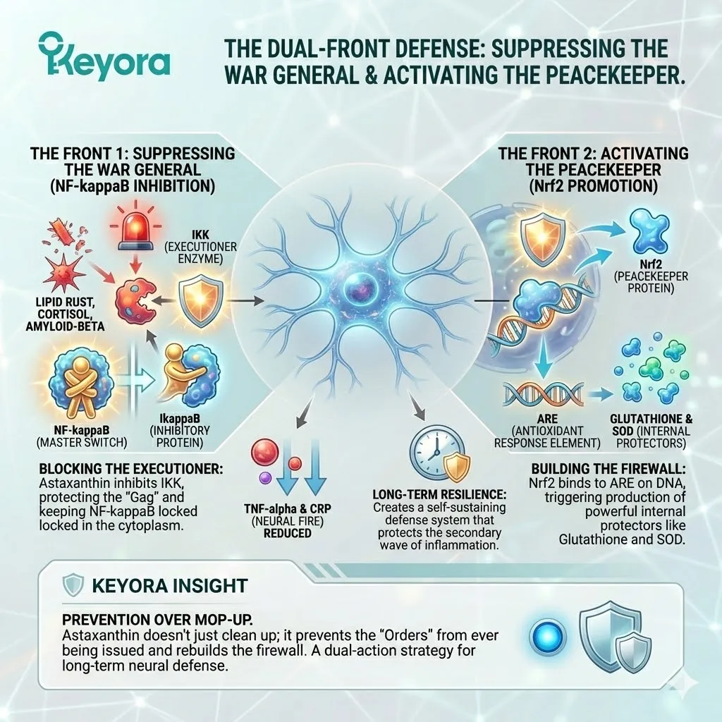 Astaxanthin suppresses the NF-kappaB War General to inhibit the Neuro-Endocrine Storm while promoting Nrf2 to rebuild the ATP Synthesis firewall. Astaxanthin suppresses the NF-kappaB War General to inhibit the Neuro-Endocrine Storm while promoting Nrf2 to rebuild the ATP Synthesis firewall.