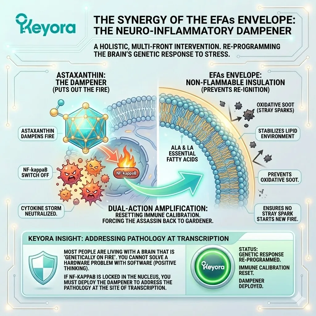 The EFA envelope stabilizes the lipid environment to prevent Oxidative Soot, shielding ATP Synthesis and the Systemic Regulator from re-igniting the Neuro-Endocrine Storm. The EFA envelope stabilizes the lipid environment to prevent Oxidative Soot, shielding ATP Synthesis and the Systemic Regulator from re-igniting the Neuro-Endocrine Storm.