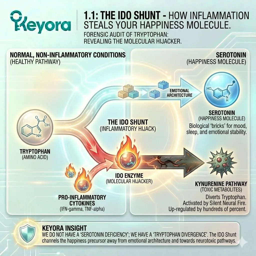 The IDO Shunt acts as a molecular hijacker, redirecting Tryptophan from Serotonin production toward the Inflammatory Code under the command of the Neuro-Endocrine Storm. The IDO Shunt acts as a molecular hijacker, redirecting Tryptophan from Serotonin production toward the Inflammatory Code under the command of the Neuro-Endocrine Storm.