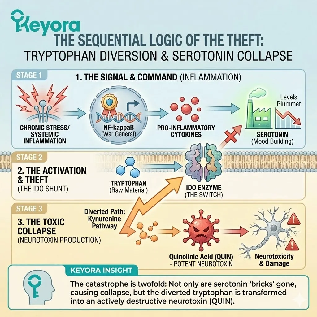 NF-kappaB activates the IDO Shunt, diverting Tryptophan from Serotonin toward the Kynurenine pathway to produce neurotoxic Quinolinic Acid during a Neuro-Endocrine Storm. NF-kappaB activates the IDO Shunt, diverting Tryptophan from Serotonin toward the Kynurenine pathway to produce neurotoxic Quinolinic Acid during a Neuro-Endocrine Storm.