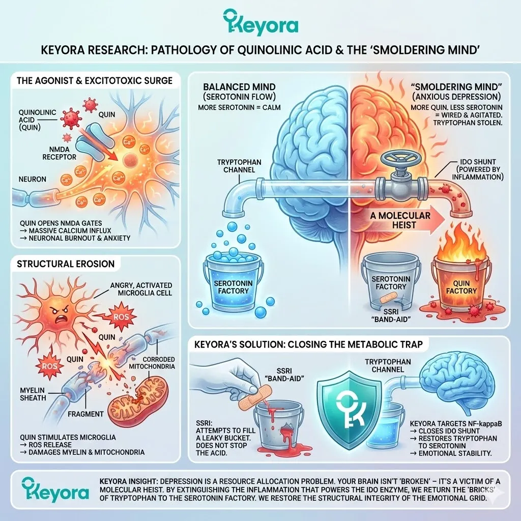 Quinolinic Acid forces the NMDA Calcium Gates open, triggering an Excitotoxic Surge and Mitochondrial burnout that dismantles the Systemic Regulator during a Neuro-Endocrine Storm. Quinolinic Acid forces the NMDA Calcium Gates open, triggering an Excitotoxic Surge and Mitochondrial burnout that dismantles the Systemic Regulator during a Neuro-Endocrine Storm.