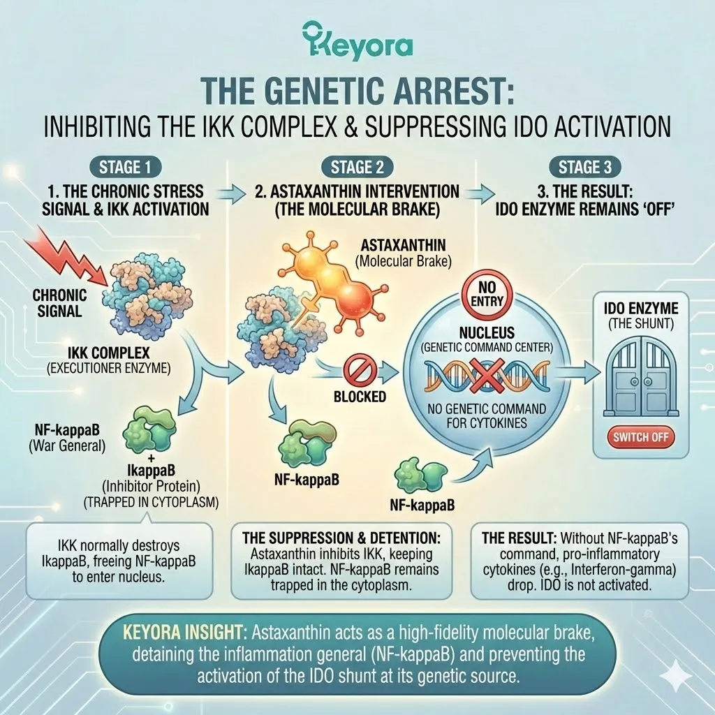 Astaxanthin functions as a molecular brake on the IKK complex, enforcing the Detention of NF-kappaB within the cytoplasm to prevent transcription of the Inflammatory Code. Astaxanthin functions as a molecular brake on the IKK complex, enforcing the Detention of NF-kappaB within the cytoplasm to prevent transcription of the Inflammatory Code.