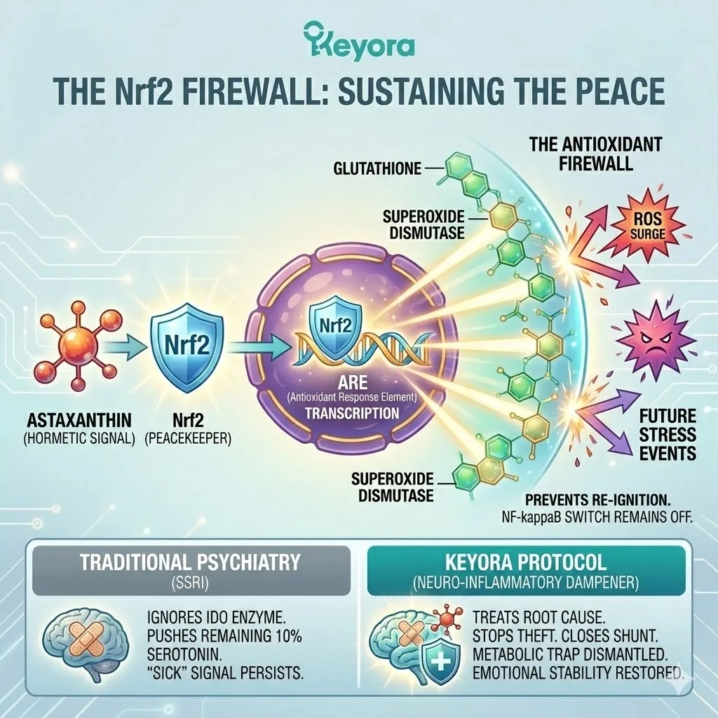 Astaxanthin nudges the Nrf2 Peacekeeper to transcribe the Antioxidant Response Element, building a self-sustaining firewall that prevents NF-kappaB re-activation. Astaxanthin nudges the Nrf2 Peacekeeper to transcribe the Antioxidant Response Element, building a self-sustaining firewall that prevents NF-kappaB re-activation.