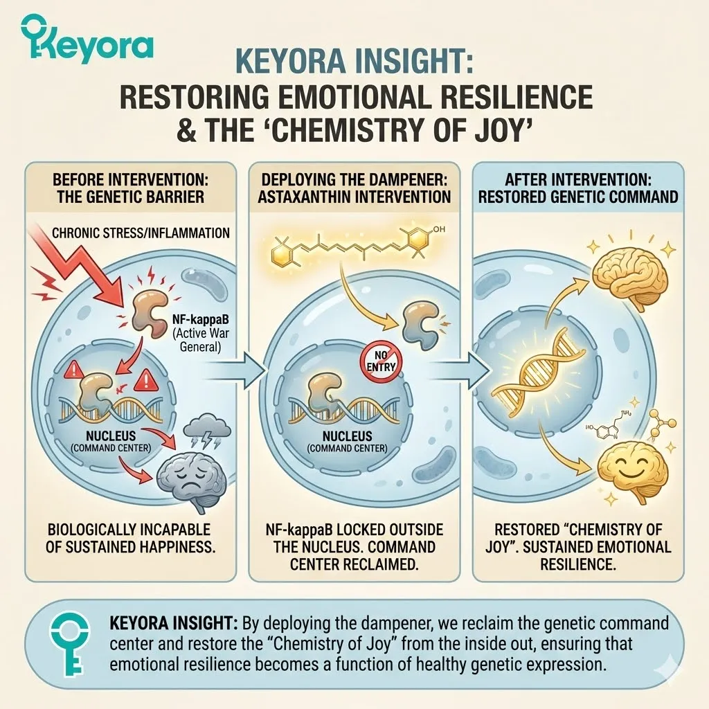 Deployment of the Neuro-Inflammatory Dampener reclaims the genetic command center, inhibiting NF-kappaB to restore the Systemic Regulator and ATP Synthesis. Deployment of the Neuro-Inflammatory Dampener reclaims the genetic command center, inhibiting NF-kappaB to restore the Systemic Regulator and ATP Synthesis.