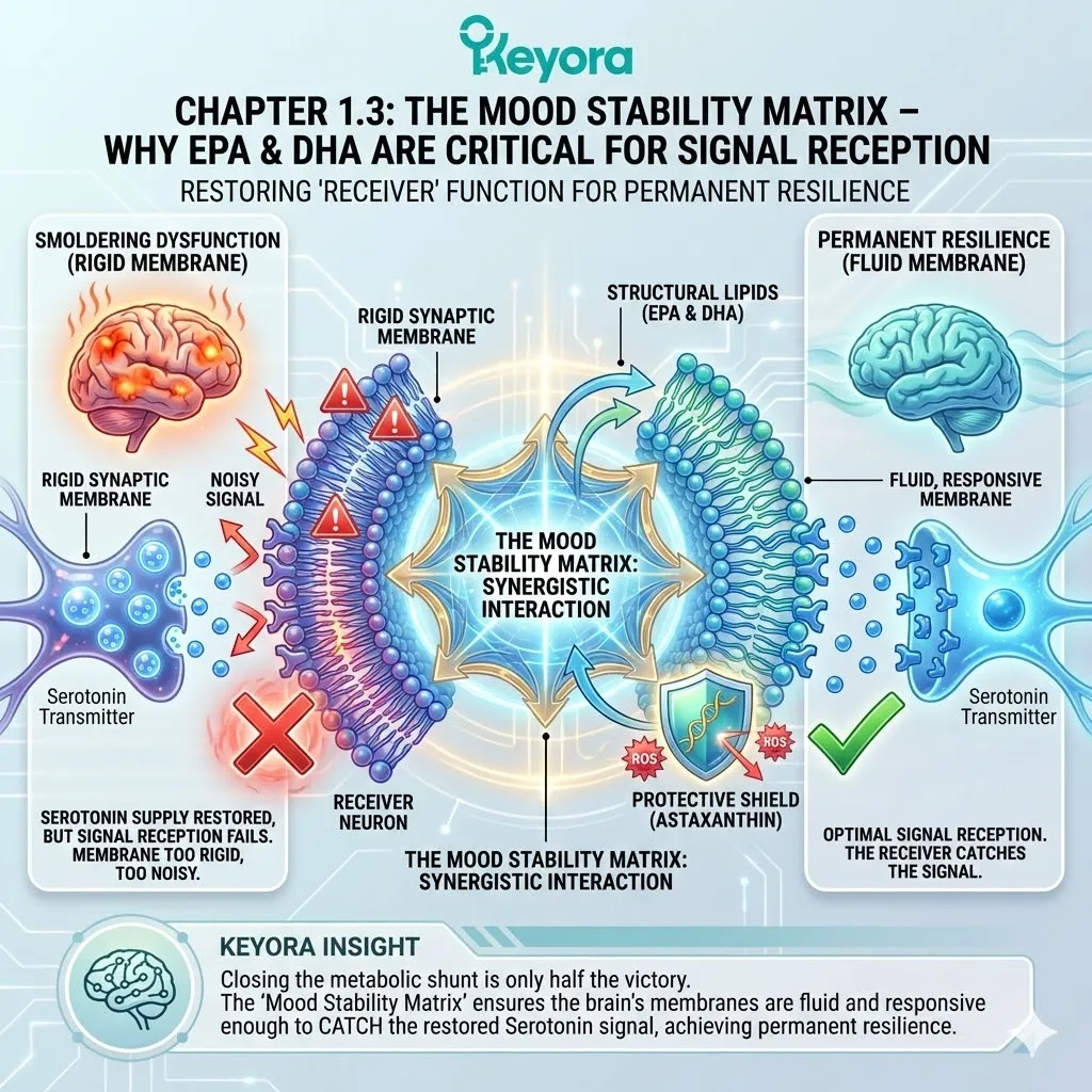 The Mood Stability Matrix optimizes the Systemic Regulator by ensuring synaptic membrane fluidity for Serotonin signal reception via structural EPA and DHA lipids. The Mood Stability Matrix optimizes the Systemic Regulator by ensuring synaptic membrane fluidity for Serotonin signal reception via structural EPA and DHA lipids.