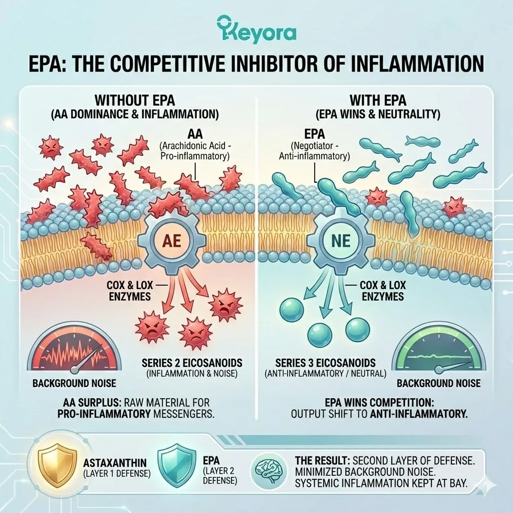 EPA acts as a structural Negotiator within the Systemic Regulator, competitively inhibiting Arachidonic Acid to divert the Neuro-Endocrine Storm toward anti-inflammatory pathways. EPA acts as a structural Negotiator within the Systemic Regulator, competitively inhibiting Arachidonic Acid to divert the Neuro-Endocrine Storm toward anti-inflammatory pathways.