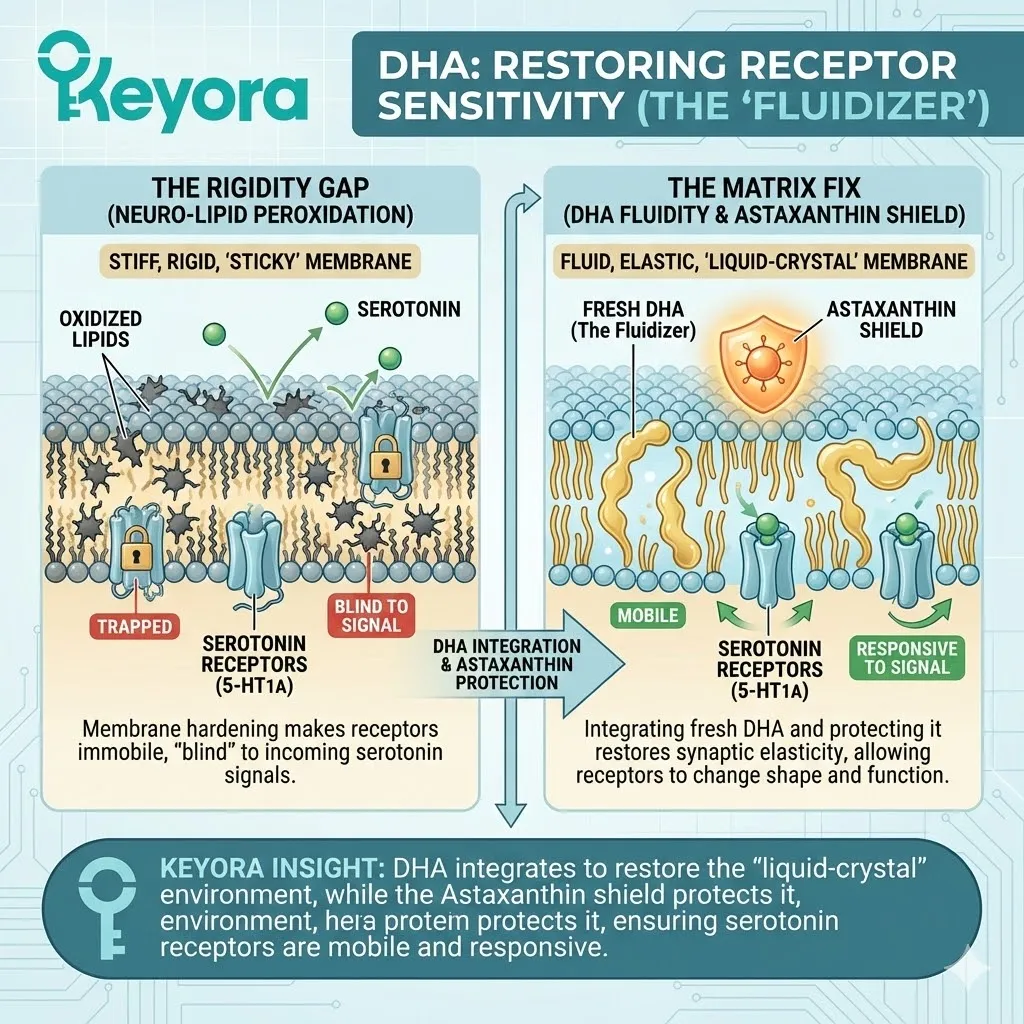 DHA acts as a synaptic Fluidizer within the Systemic Regulator, restoring the Liquid-Crystal environment required for 5-HT1A receptor sensitivity and signal mobility. DHA acts as a synaptic Fluidizer within the Systemic Regulator, restoring the Liquid-Crystal environment required for 5-HT1A receptor sensitivity and signal mobility.